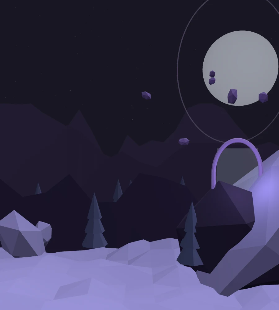 An imagined snowy landscape under a winter moon